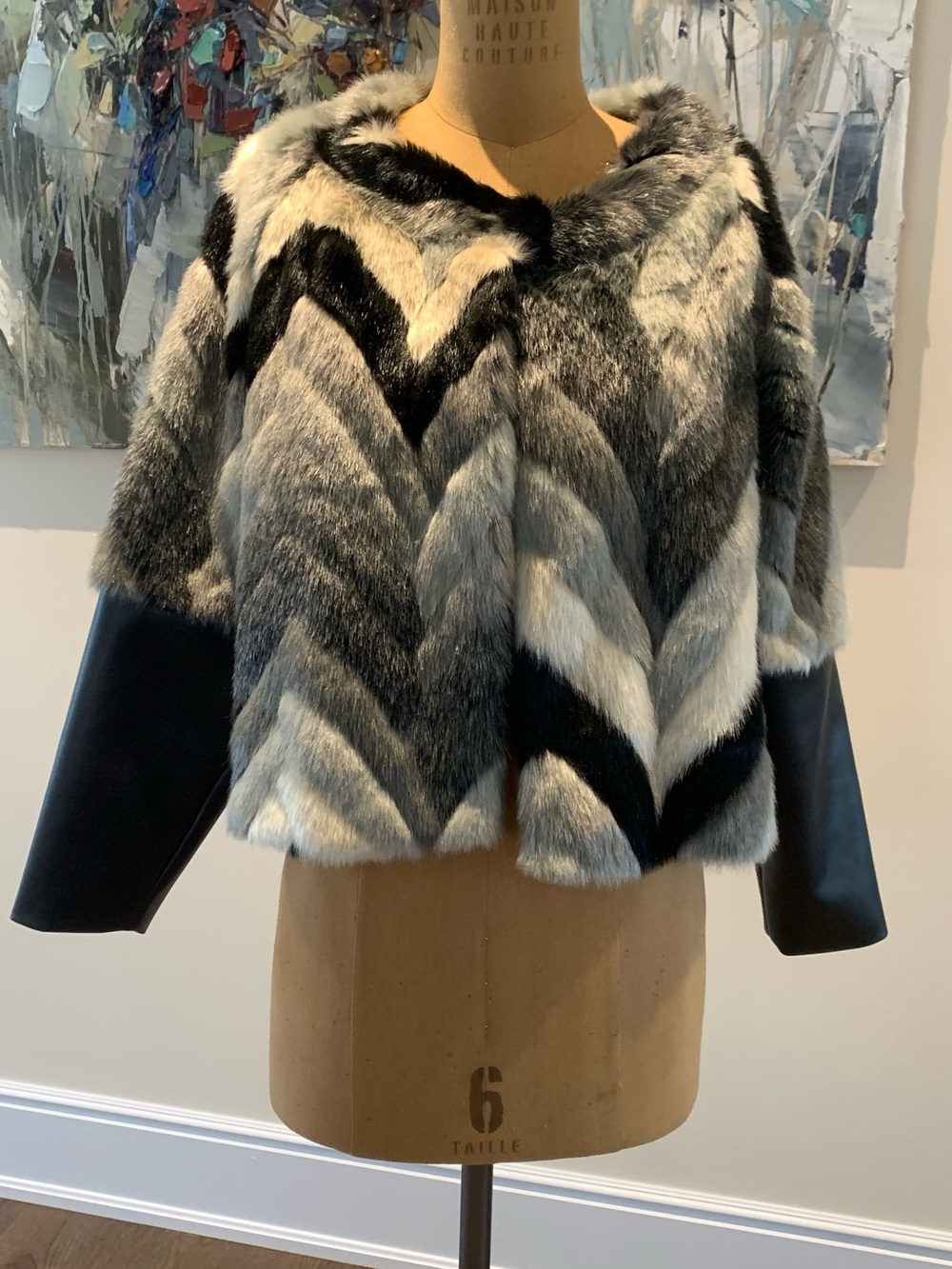Faux Fur Chevron Jacket in Black & Gray